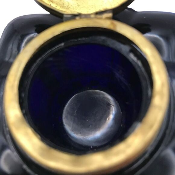 Antique Cobalt Glass Inkwell Square With Brass Hinged Lid - Picture 11 of 12